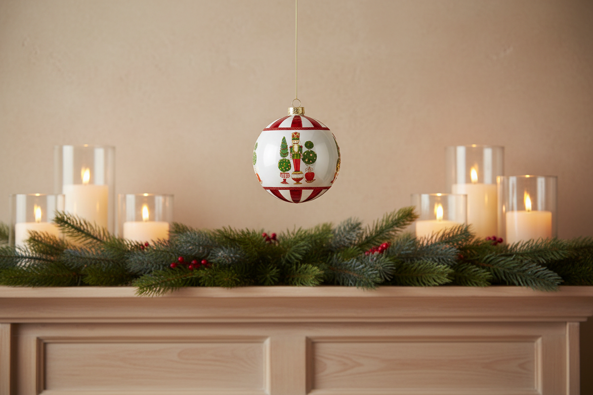 5-inch hand-painted glass Christmas ornament with colorful topiary and nutcracker details styled in a festive mantel display