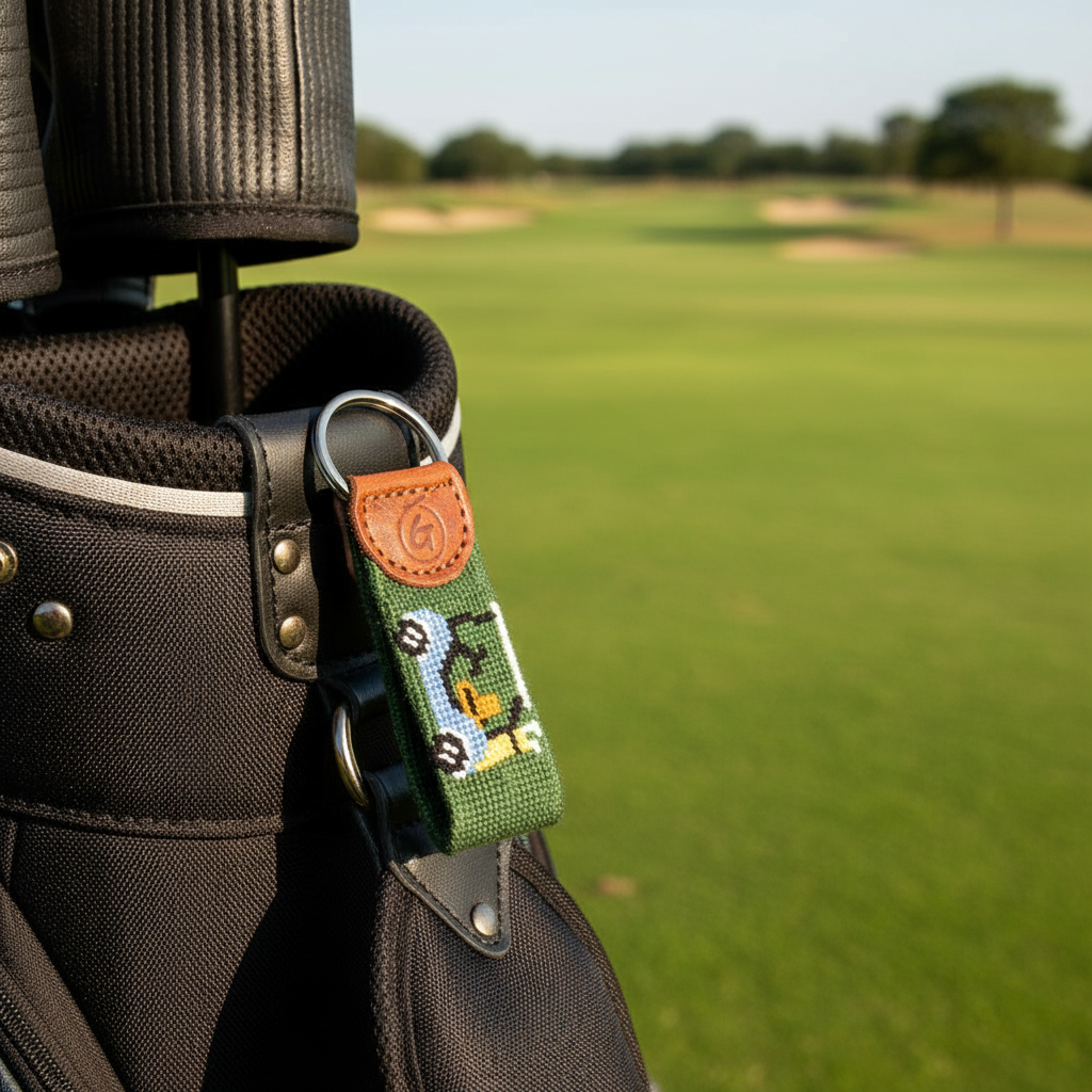 Green needlepoint golf cart keychain with brown leather fob clipped to golf bag on sunny golf course