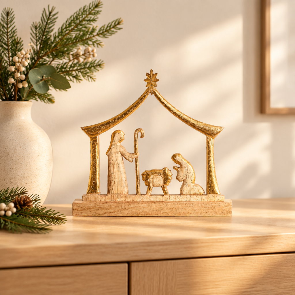Wood manger nativity with Mary, Joseph and baby Jesus on a light wood console beside a vase of greenery.