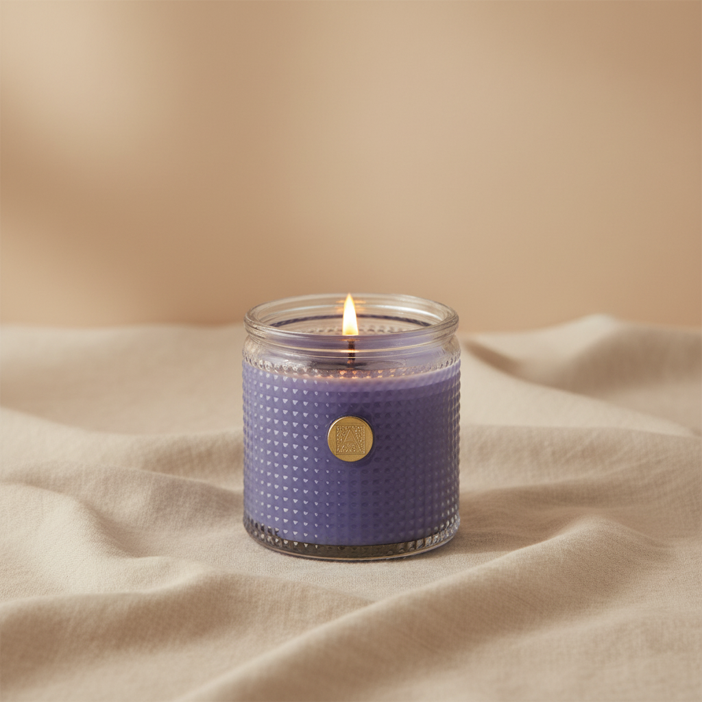 Aromatique Lavender Bouquet Candle 6 oz Purple candle with a wavy texture and gold accent on a beige fabric background