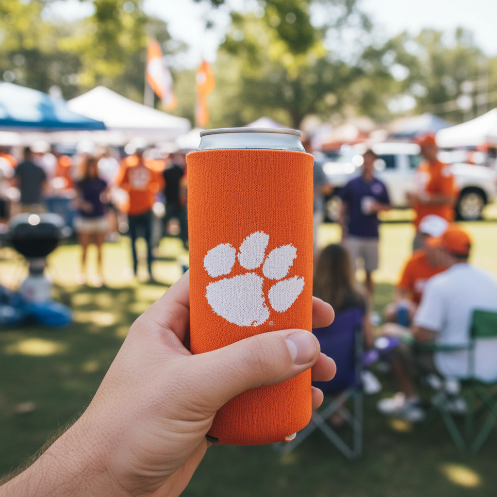 Hand holding an orange can cooler with a paw print design at a outdoor event.