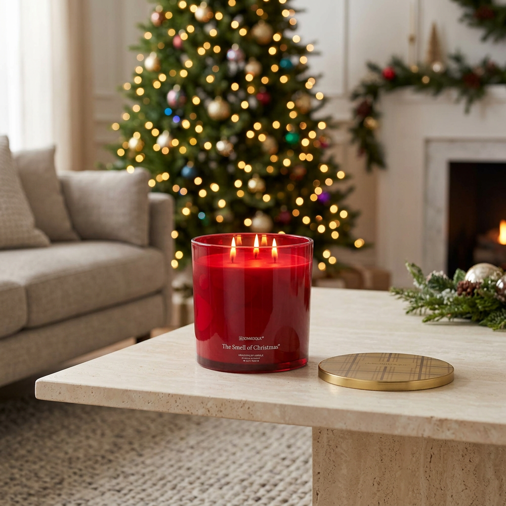 Smell of Christmas 48 oz red glass candle in a holiday coffee-table setting