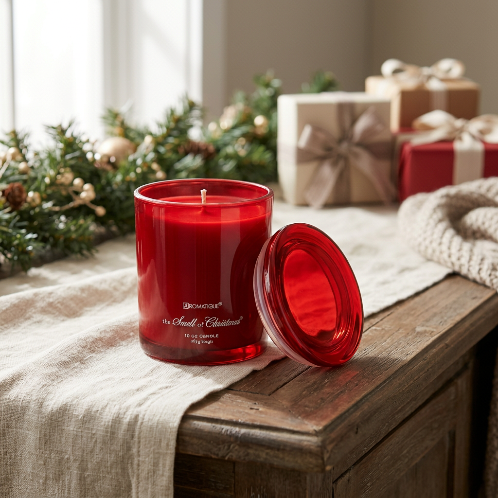 Smell of Christmas 10 oz red Foundry glass candle styled in a holiday console setting