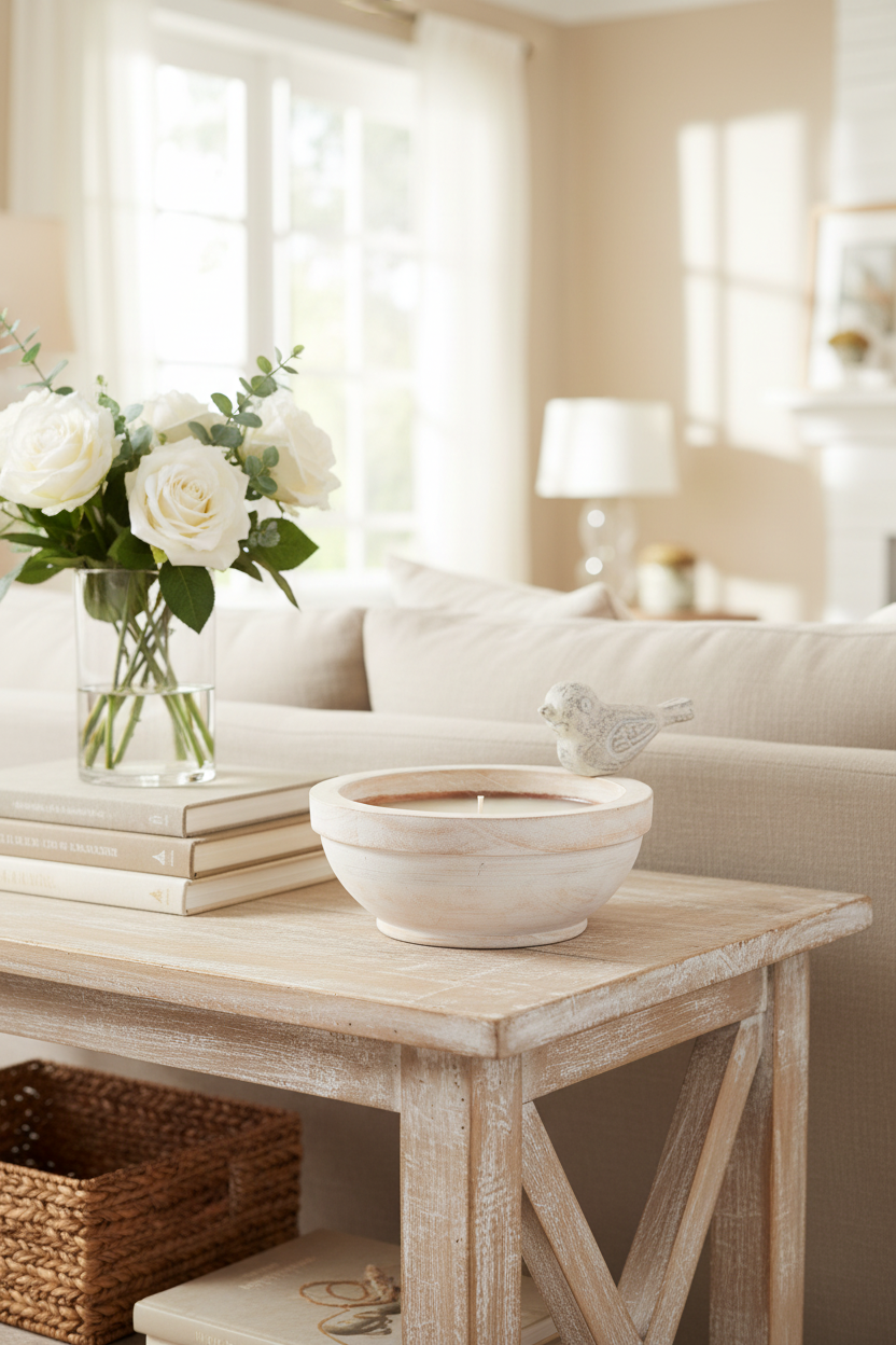 Living room with a wooden coffee table, white sofa, and decorative items.