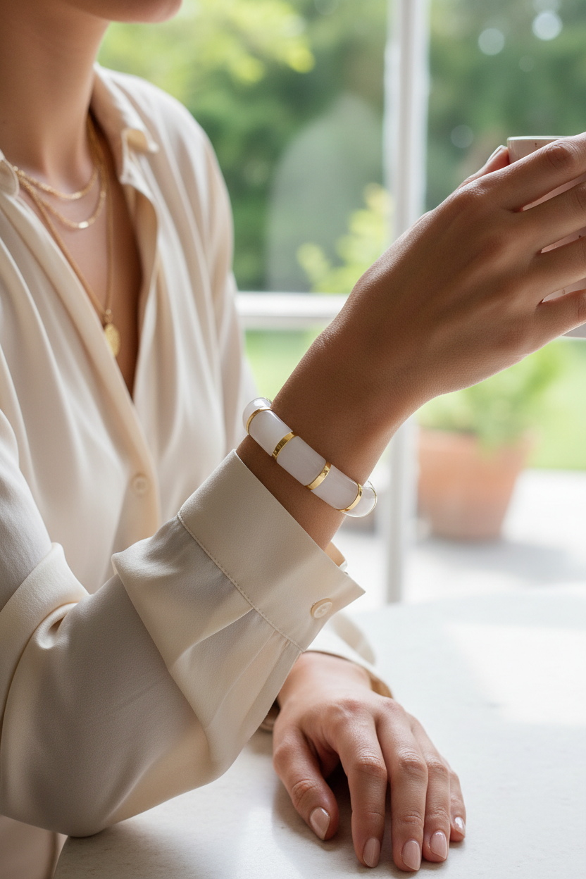 Person wearing a white shirt with rolled-up sleeves, wearing a gold and white bracelet sitting at a table with a blurred green outdoor background.