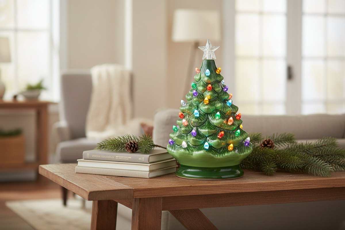 8-inch green porcelain lighted Christmas tree glowing on a console table with holiday greenery