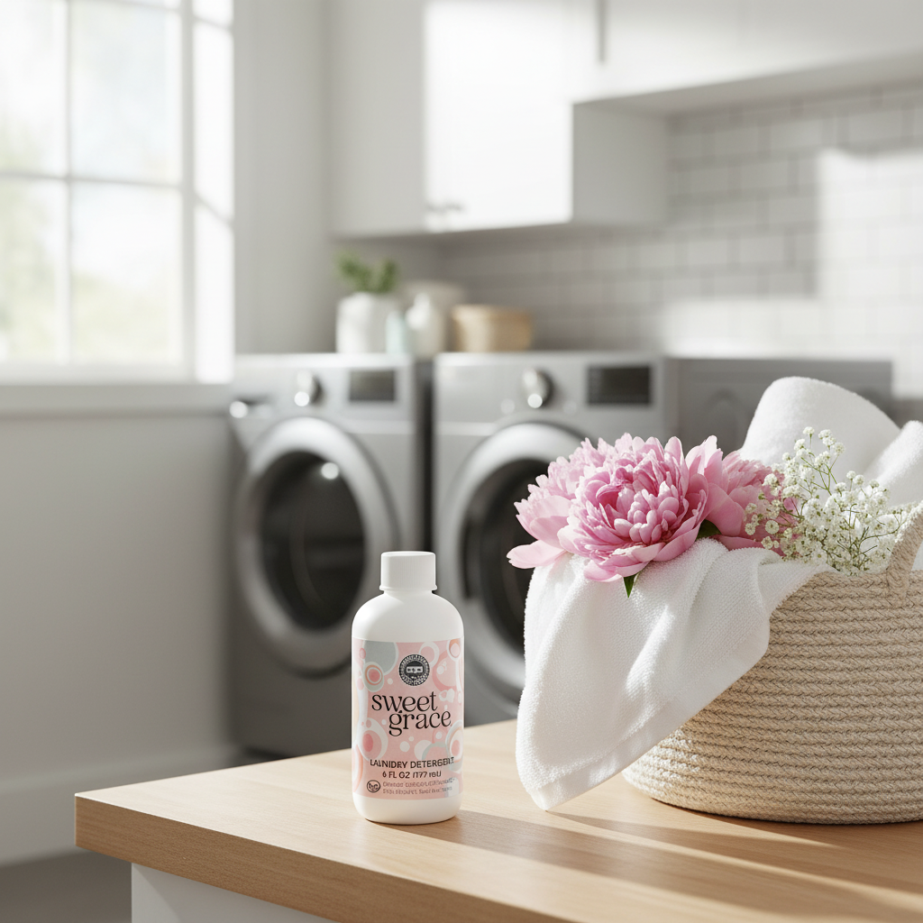 Bridgewater Sweet Grace Laundry Detergent 6 oz bottle in bright airy laundry room with wicker linen basket and soft pink flowers