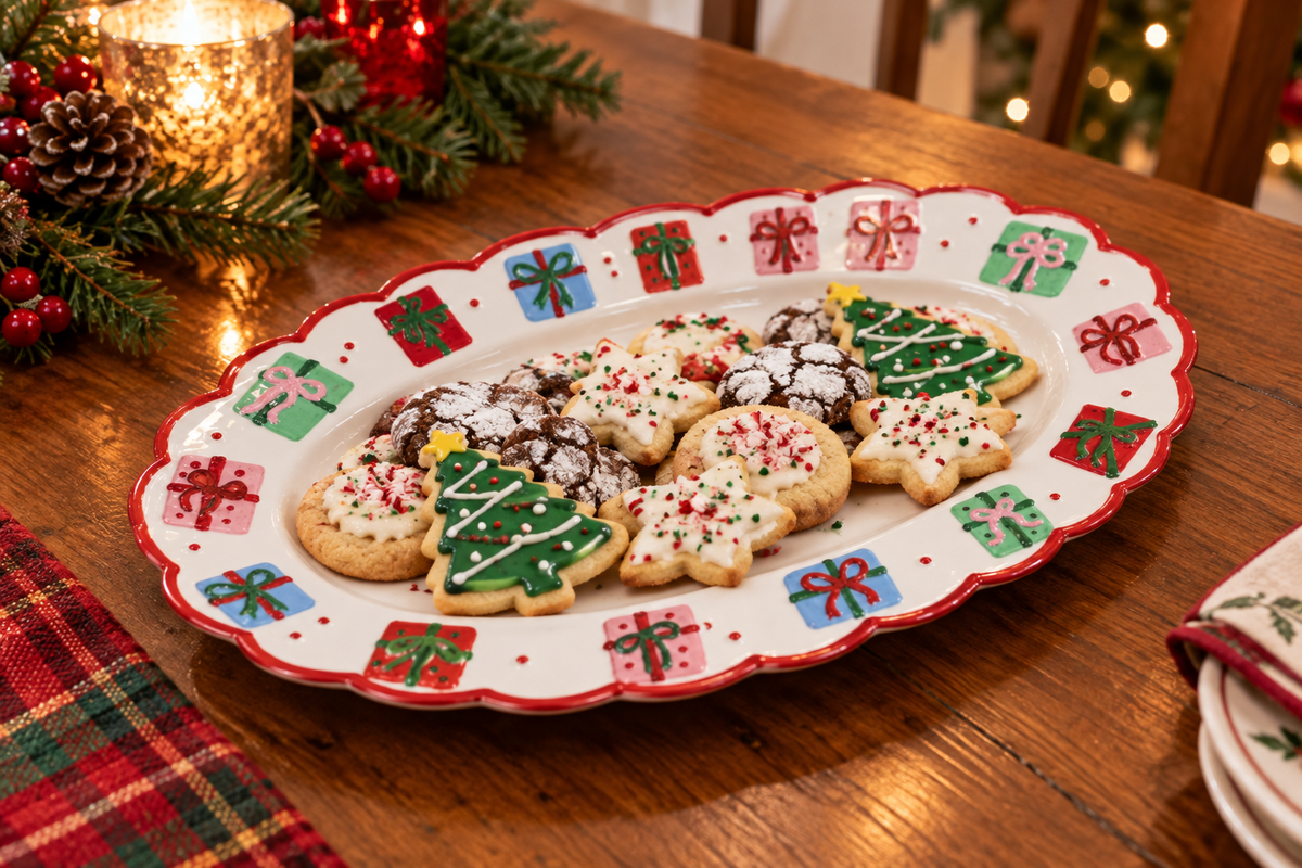 Oval Christmas serving platter with hand-painted gift boxes and a scalloped red border holding Christmas cookies on a wooden holiday table