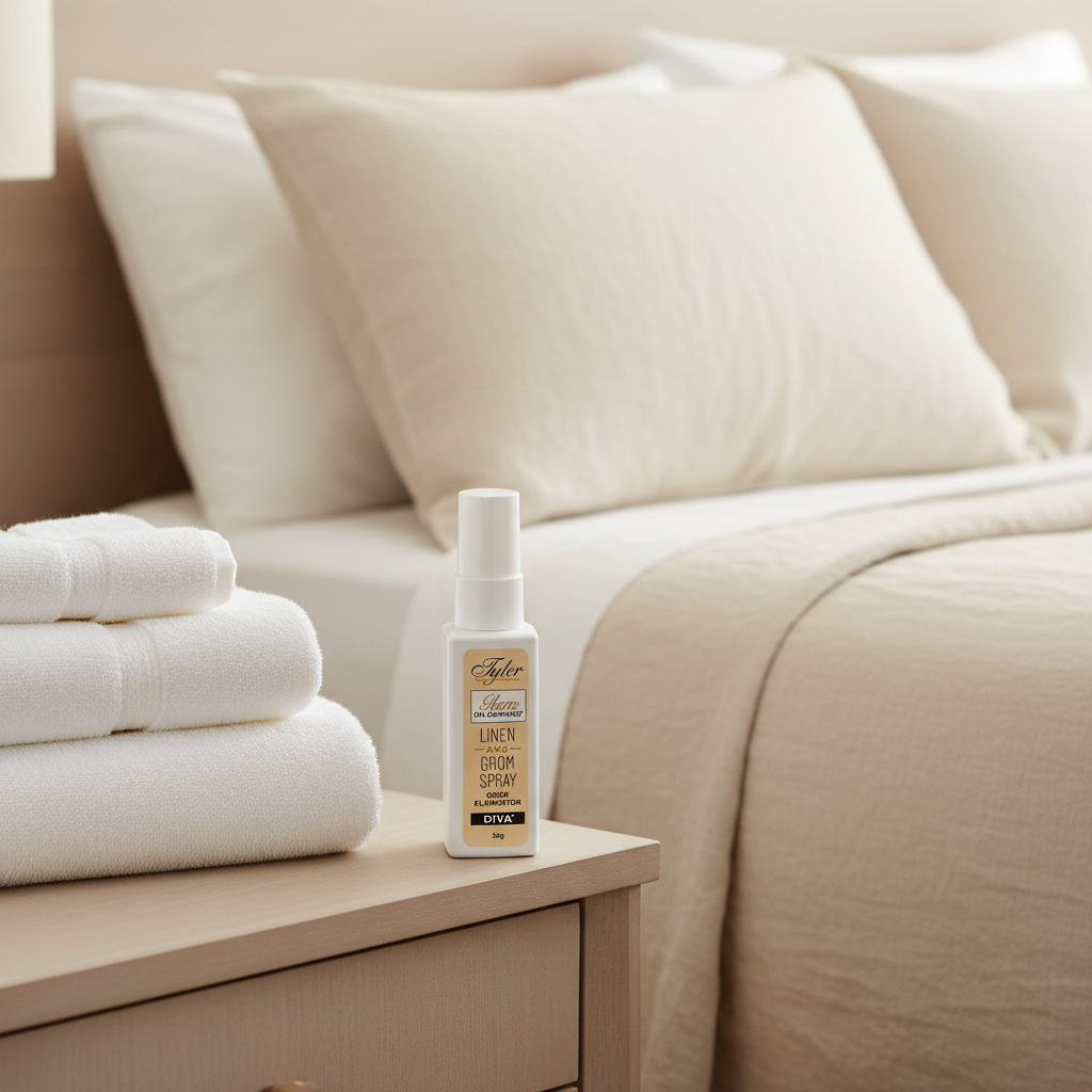 Tyler Candle Co. Diva Glam On Demand Linen and Room Spray 1.2 oz bottle styled on a bedroom nightstand beside folded white towels and cream bedding