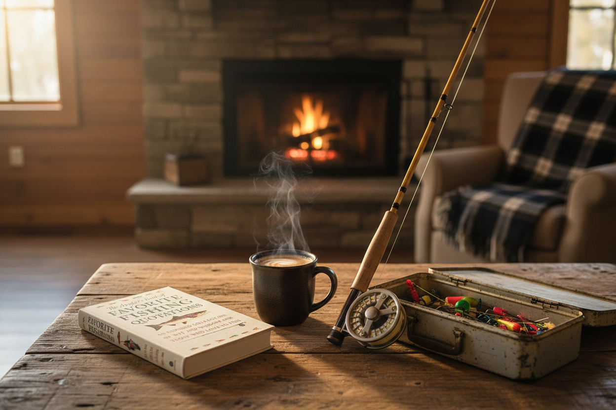 Fishing rod, coffee mug, book, and tackle box on a wooden table with a fireplace in the background.