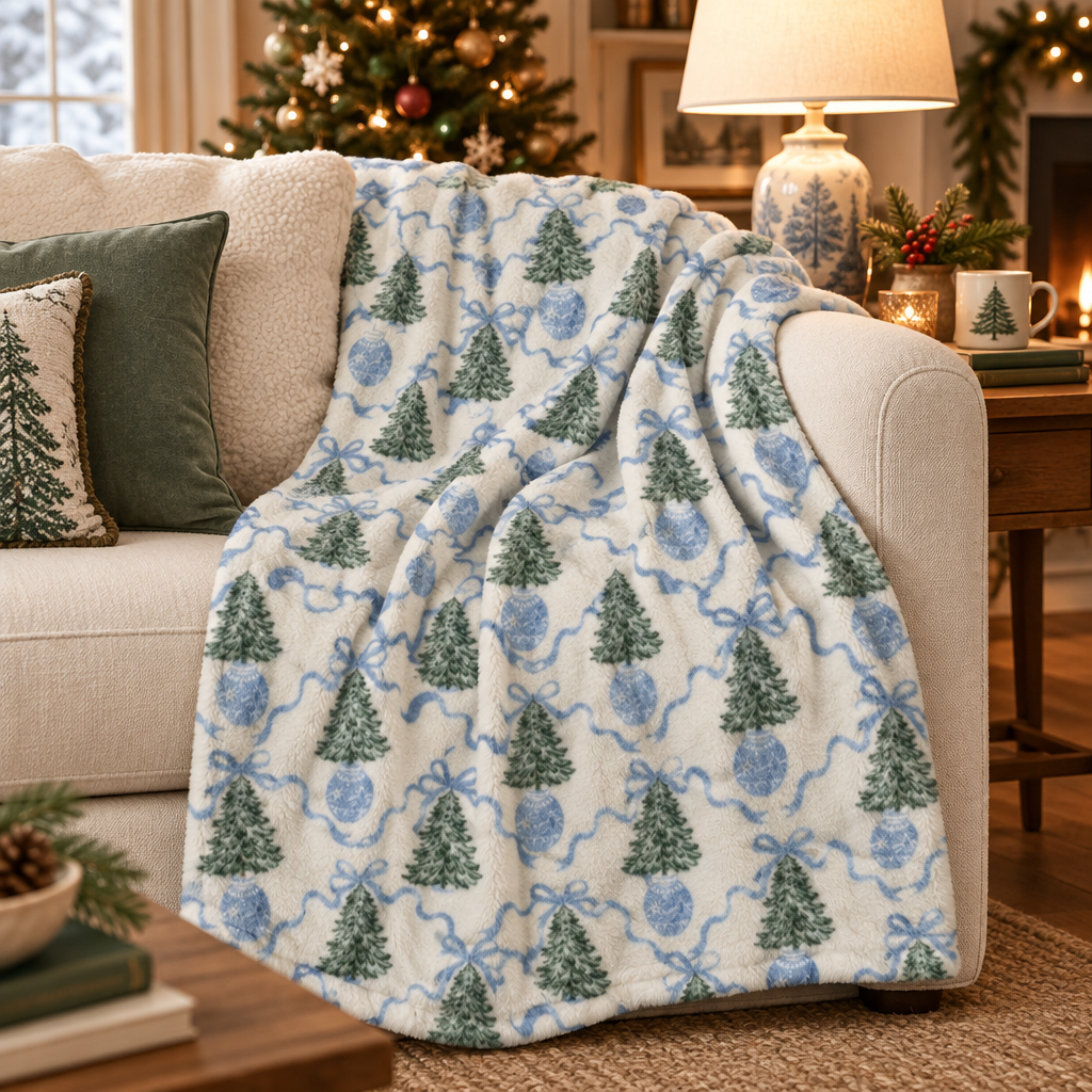 Winter Pines fleece throw blanket with green pine trees, blue ribbons, and blue ornaments draped over a cream sofa in a cozy holiday living room
