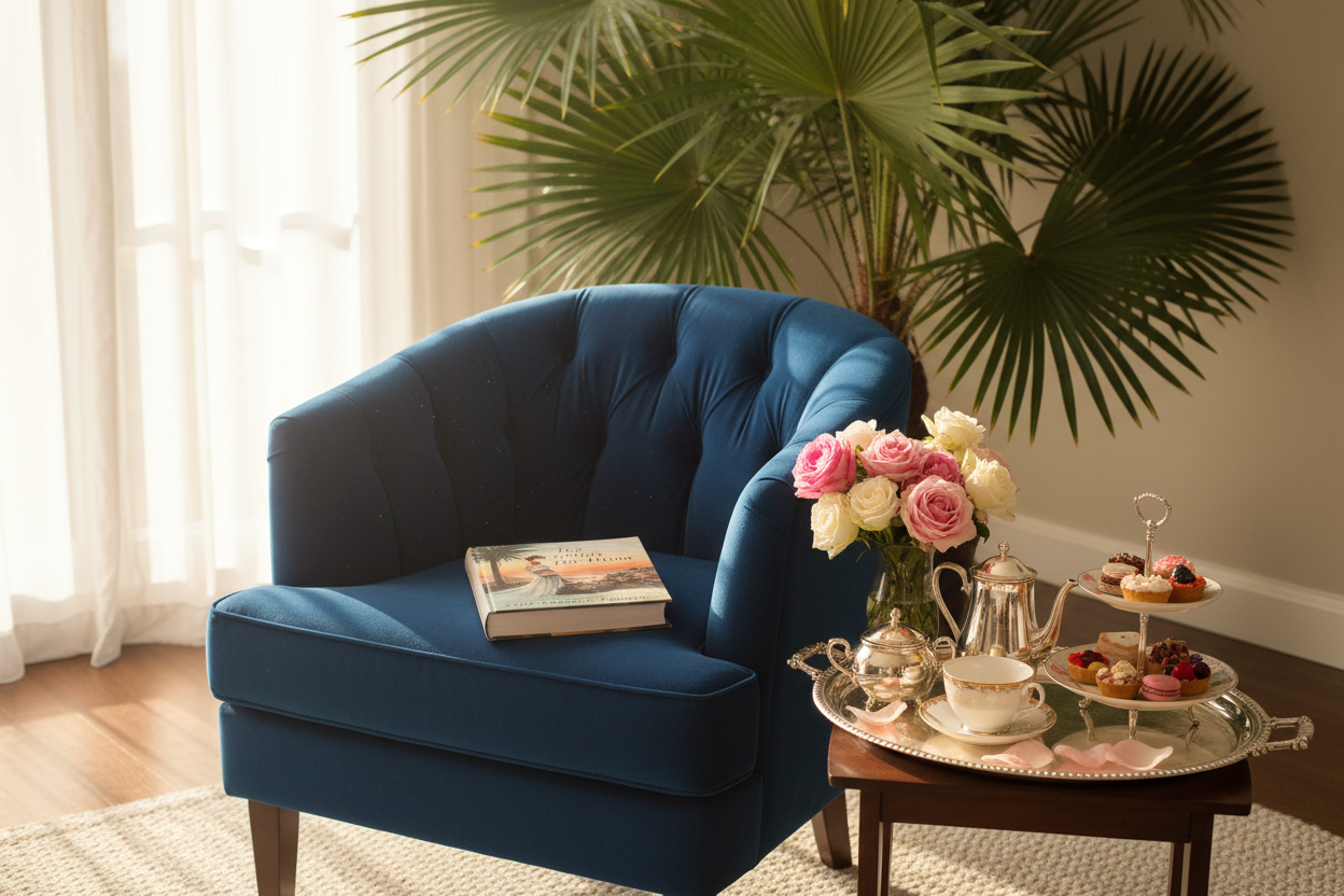 Tea Under the Palms book styled on a tufted armchair beside a silver tea tray with teapot, delicate pastries, and fresh roses with a lush indoor palm in the background