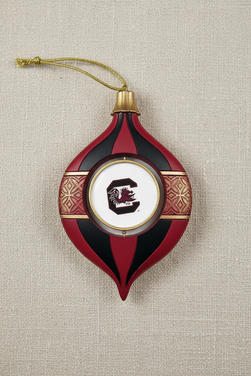 Decorative Gamecocks Christmas ornament with a red, black, and gold design on a beige fabric background.