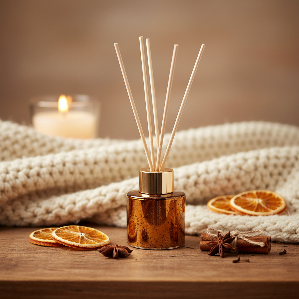 Aromatique cinnamon cider holiday scented reed diffuser on a white background With dried oranges and cinnamon sticks on a coffee table 