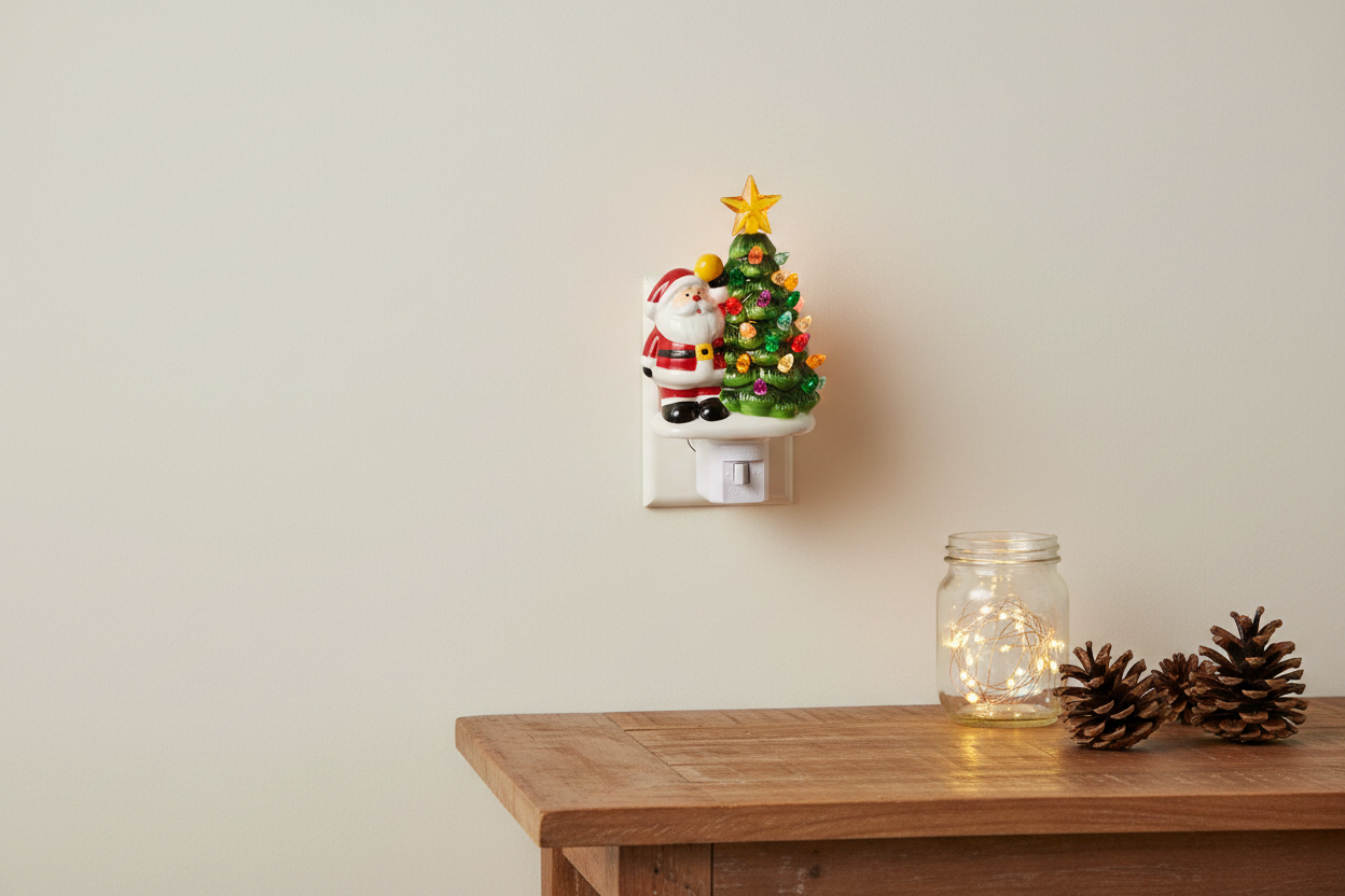 RAZ Imports 6.5-inch Santa Christmas tree night light illuminated with its built-in plug inserted directly into a wall outlet above a Christmas console, no cord visible