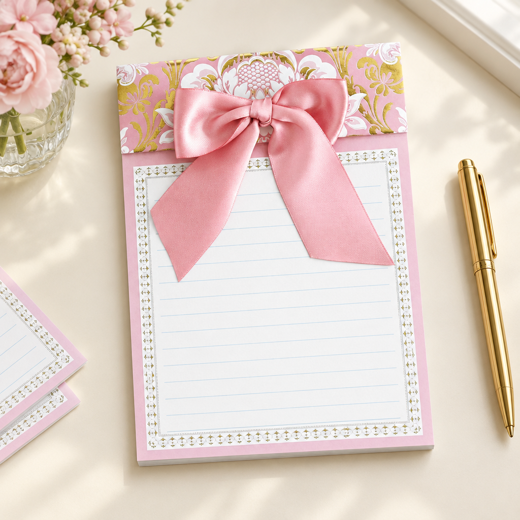 Pink damask bow notepad with lined pages and a large pink satin ribbon on a cream desk beside a gold pen and pale pink flowers