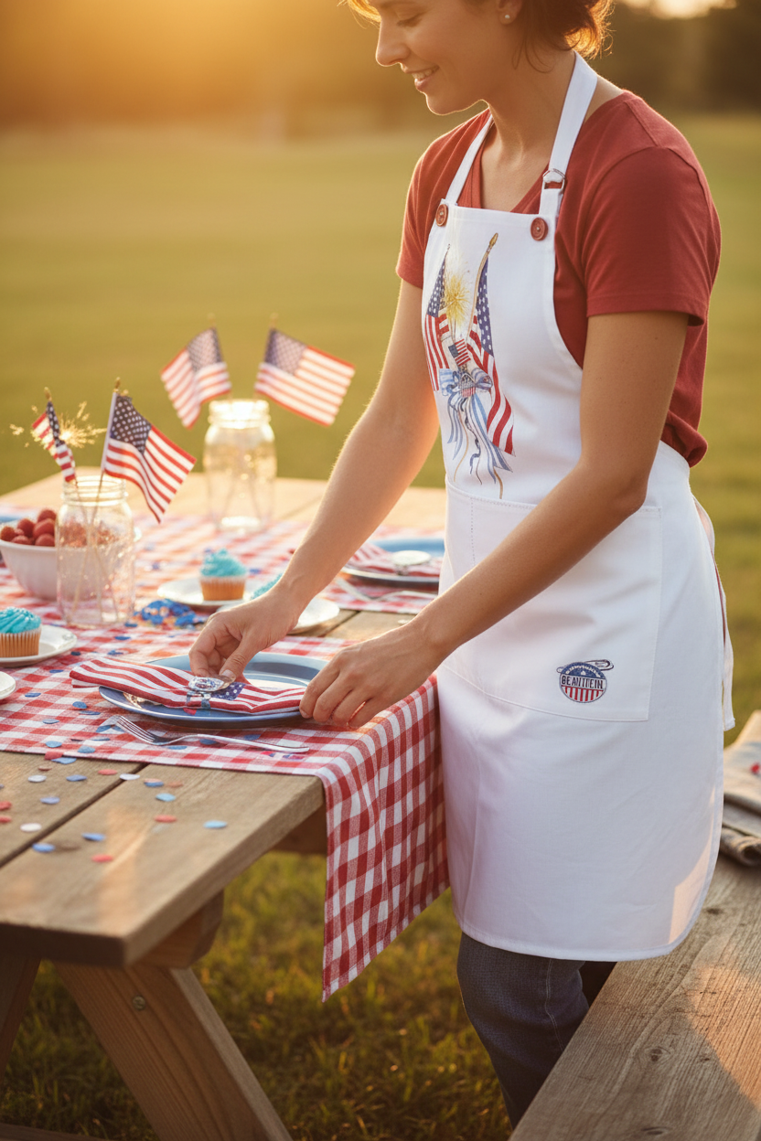 Flag Ribbon Apron – Patriotic Loose-Fit Kitchen Apron