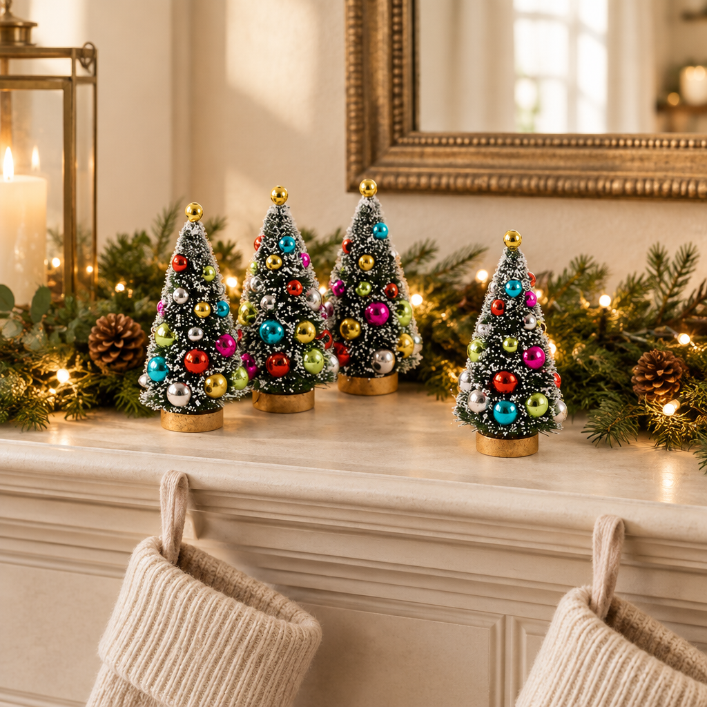Set of four sisal tree decorations styled on a holiday mantel with greenery and warm lights