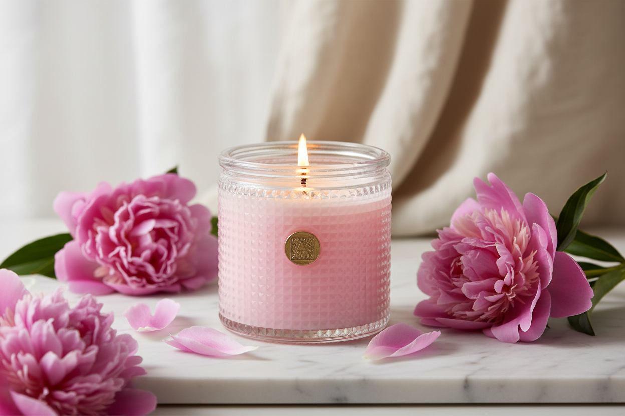 Peony Petals Candle 6 oz  Pink candle in a glass jar with a flame, surrounded by pink flowers on a marble surface.