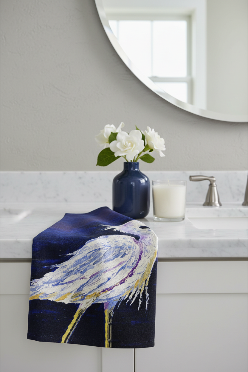 Betsy Drake Interiors Palette Snowy Egret guest towel draped over a white bathroom vanity with a navy ceramic vase and white candle in a coastal bathroom