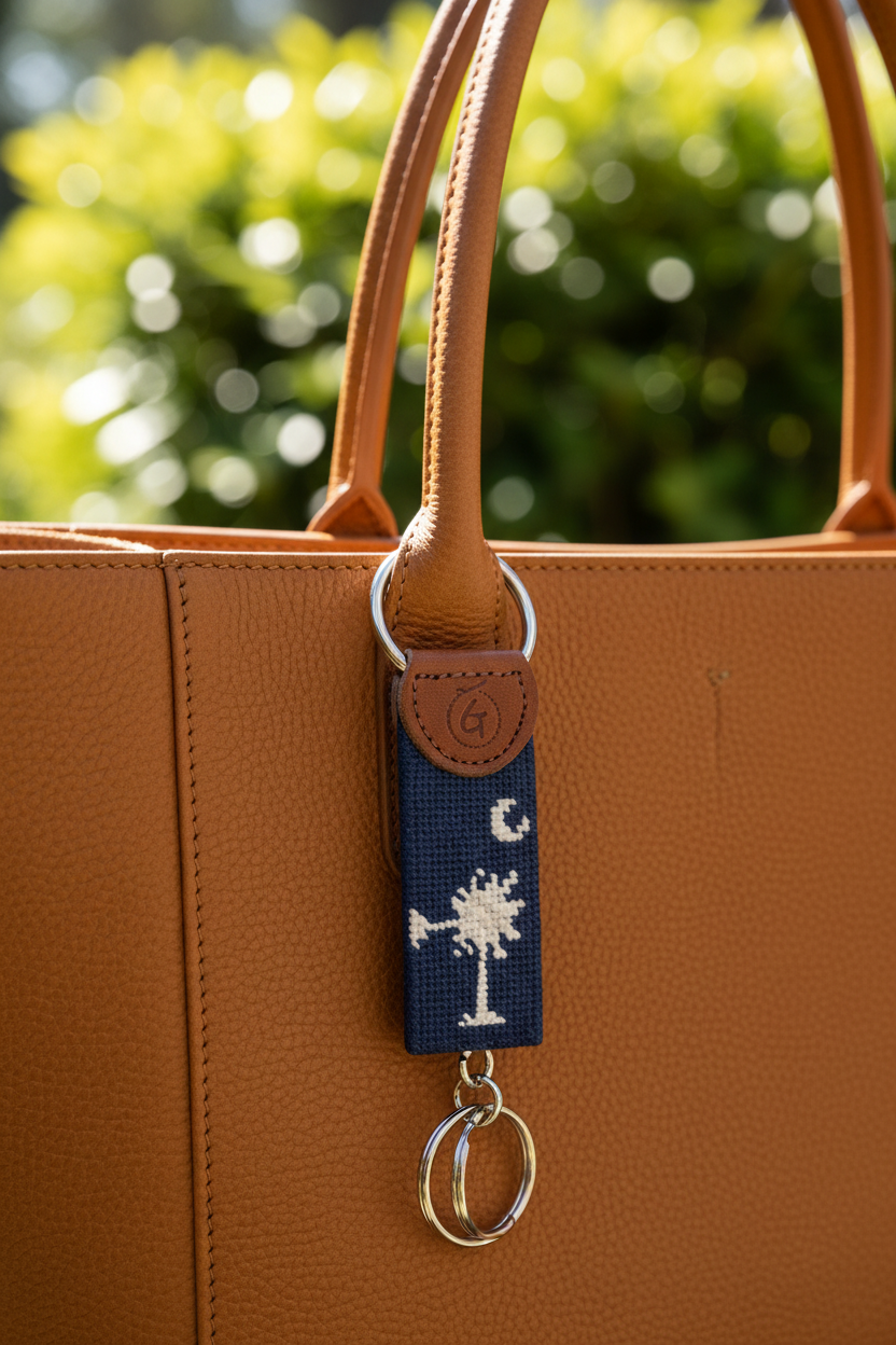 Brown leather tote bag with a navy blue keychain featuring a white palm tree design.