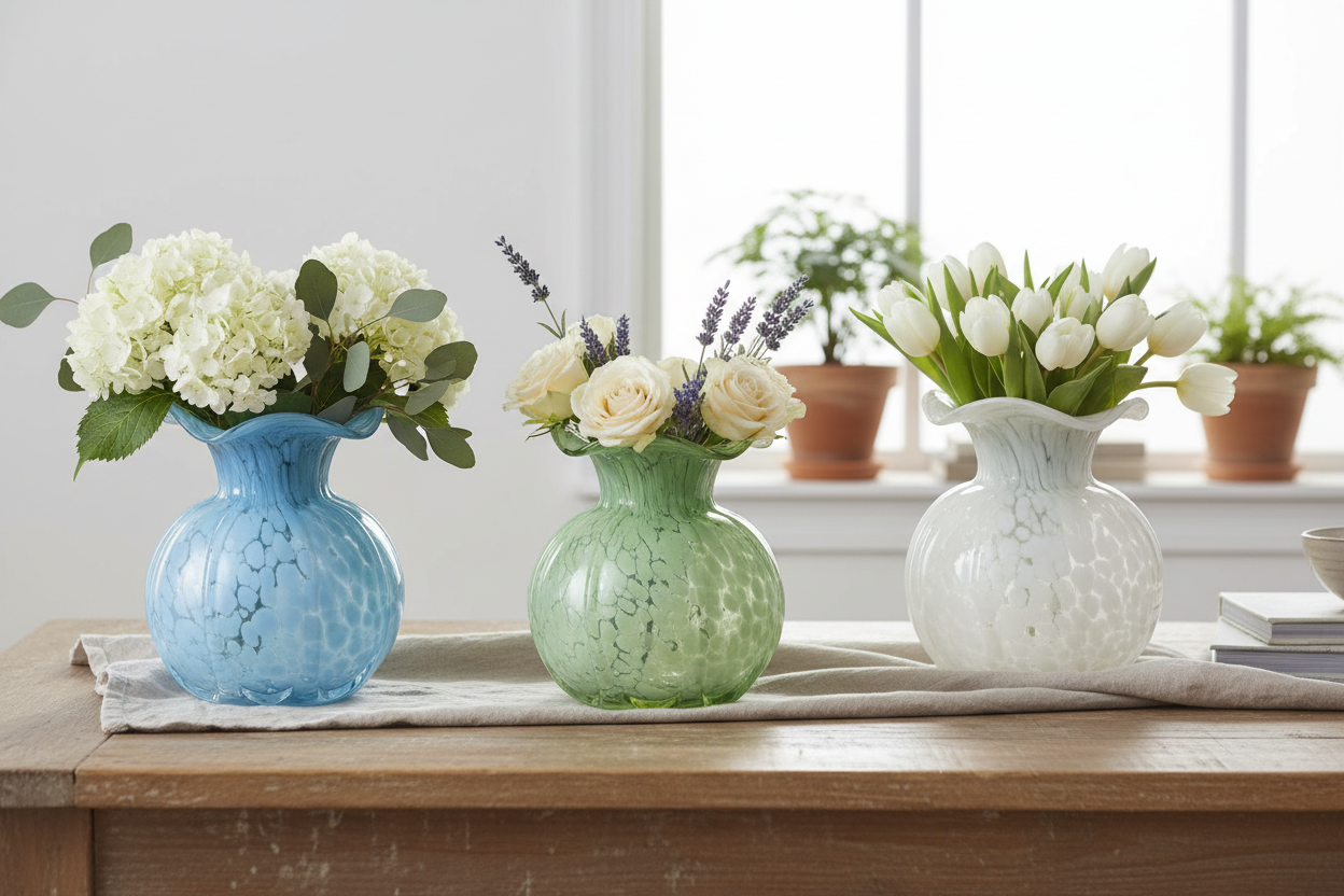 Handcrafted ruffled edge glass vase filled with fresh flowers styled on a bright home surface in pale blue colorway