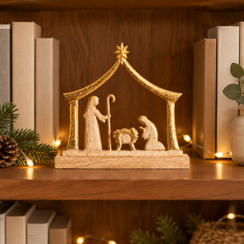 Wood manger nativity with gold-toned stable and star on a bookshelf with books and warm holiday lights.