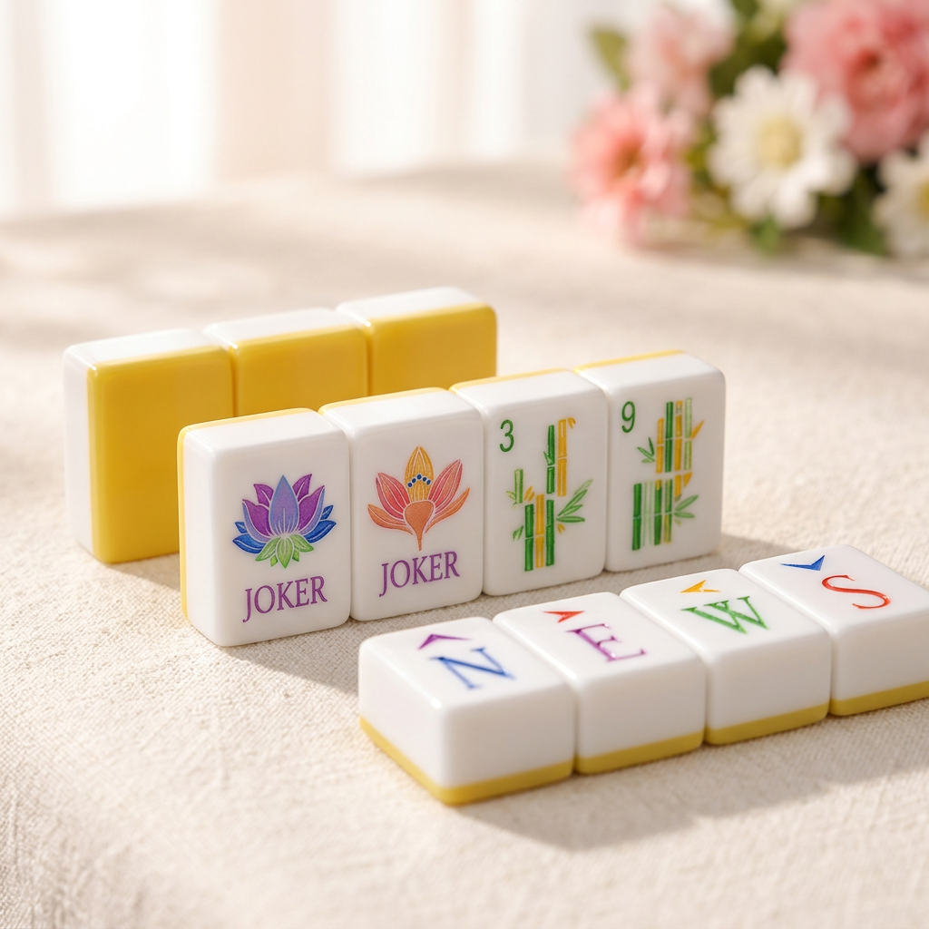 Close-up of white Mahjong tiles with lotus, bamboo and wind designs alongside yellow tile backs on ivory linen.