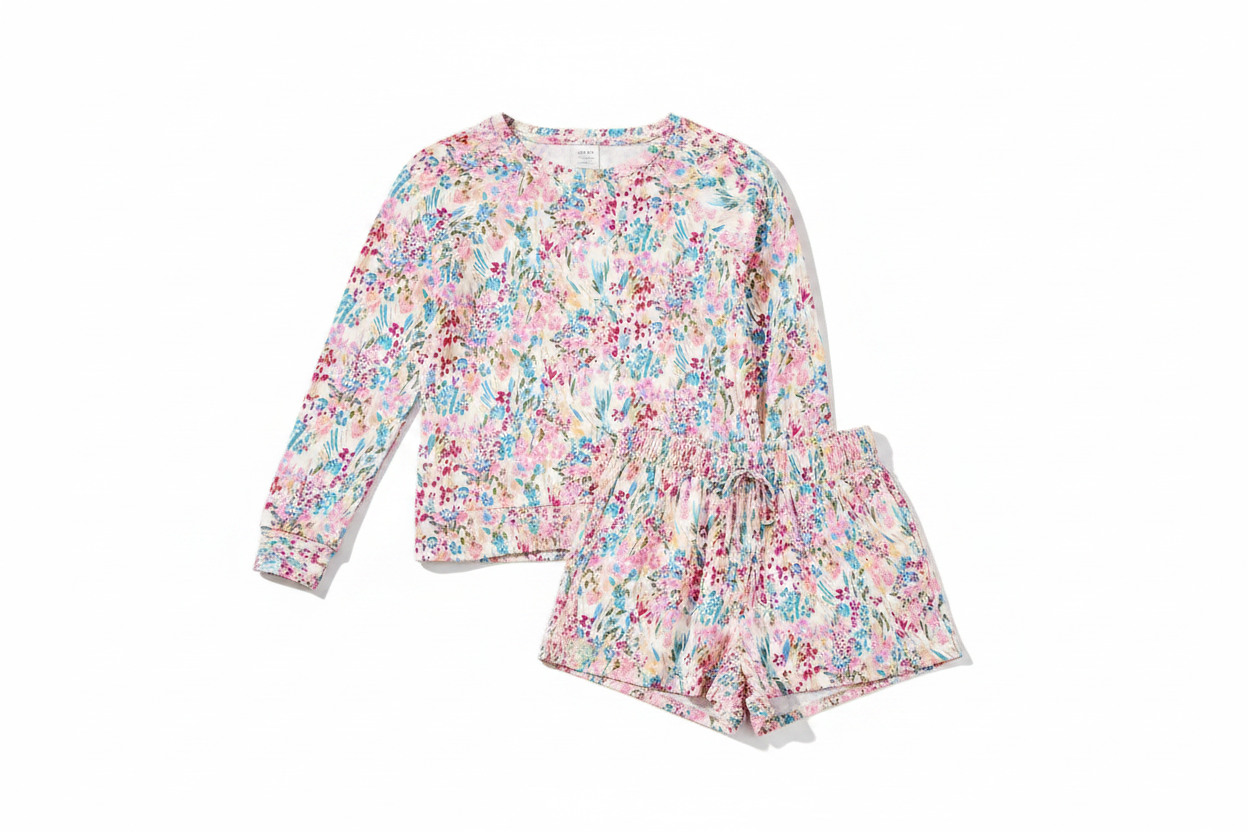 Floral pajama set on a white background -  Annie Floral Short Set in Autumn Meadow Pink 