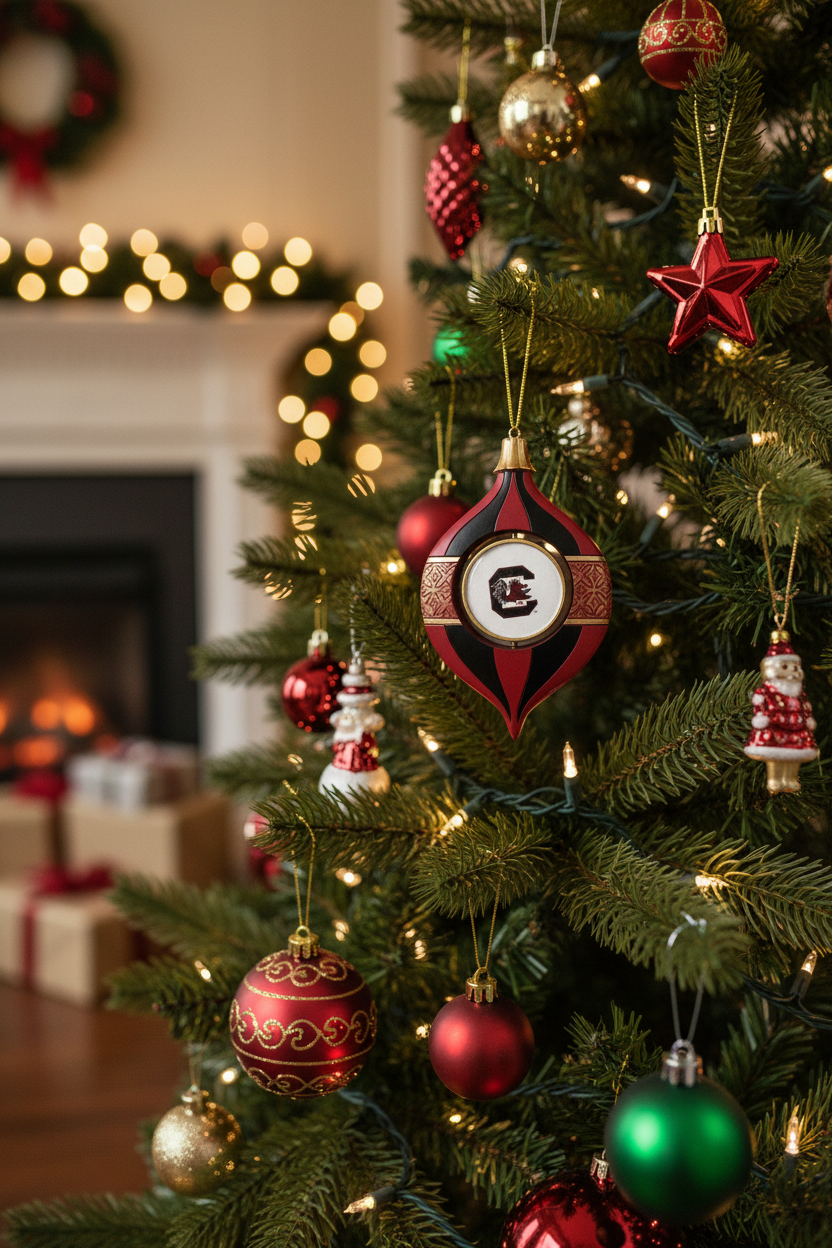 Decorated Christmas tree with gamecock ornament and other ornaments and lights in a festive setting.