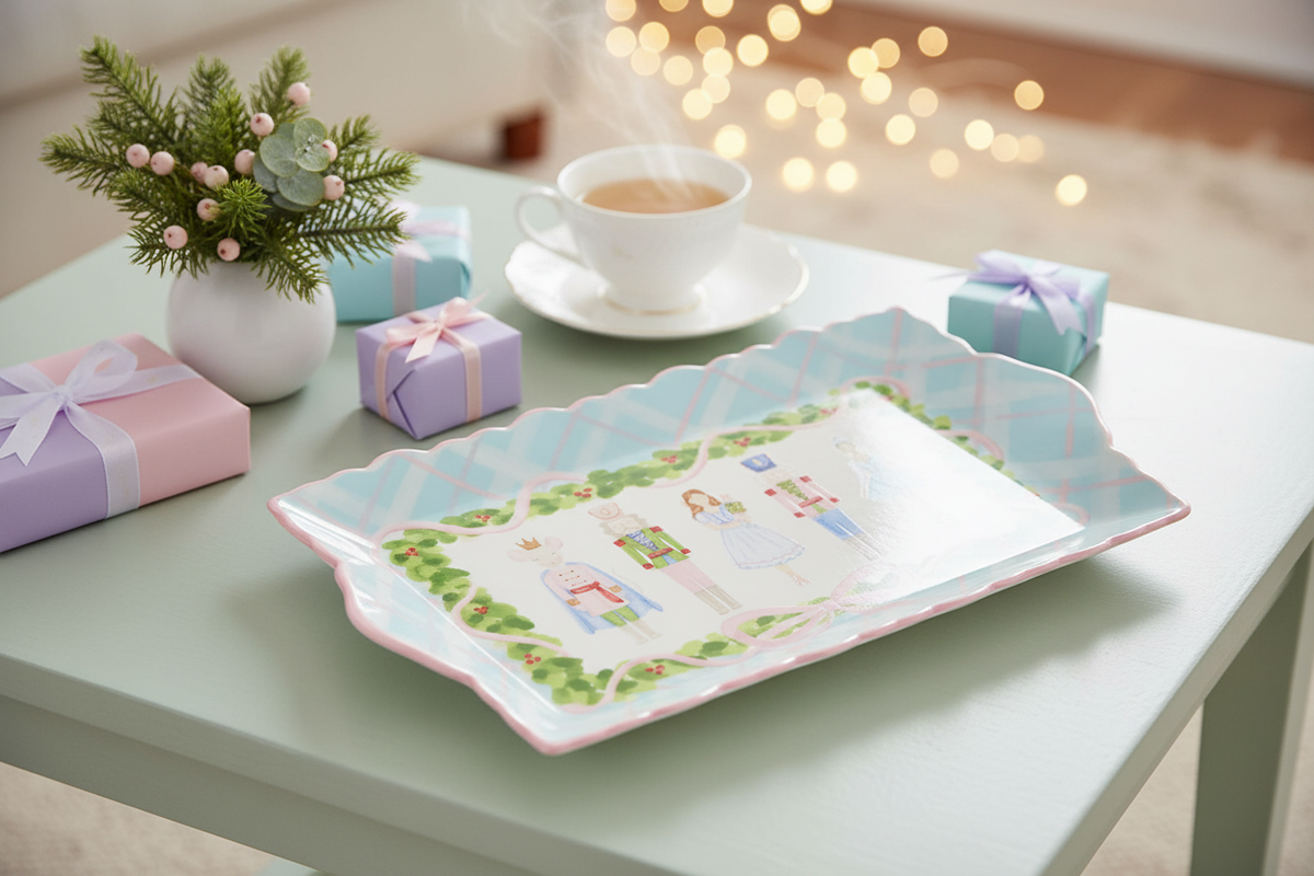 RAZ Imports 13-inch pastel plaid dolomite nutcracker ballet tray displayed on a pastel Christmas coffee table with gifts and greenery