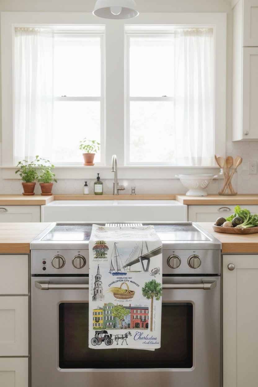 Charleston Collage hand towel draped over oven handle in bright Southern kitchen interior