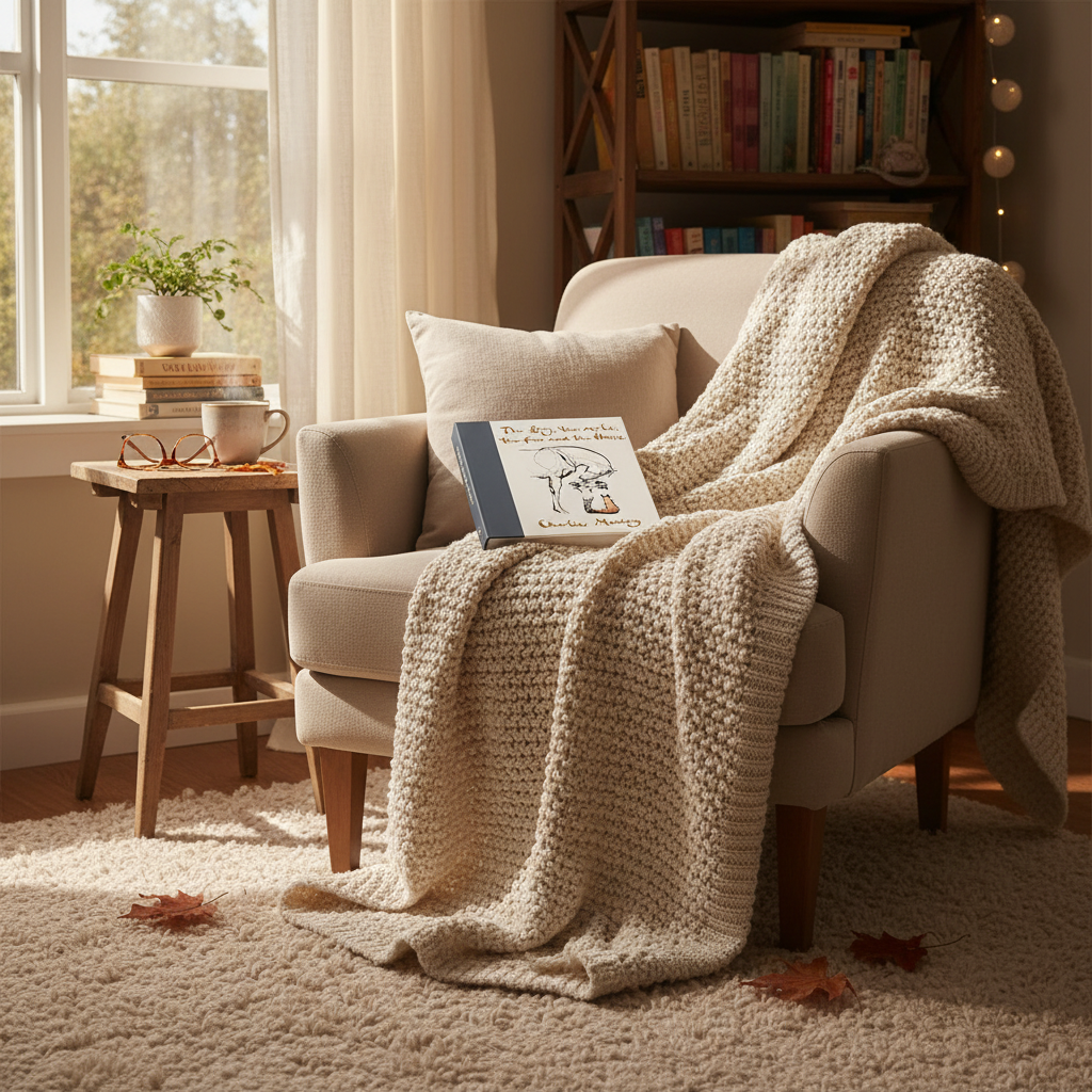 Cozy living room with a beige armchair, knitted blanket, and books.