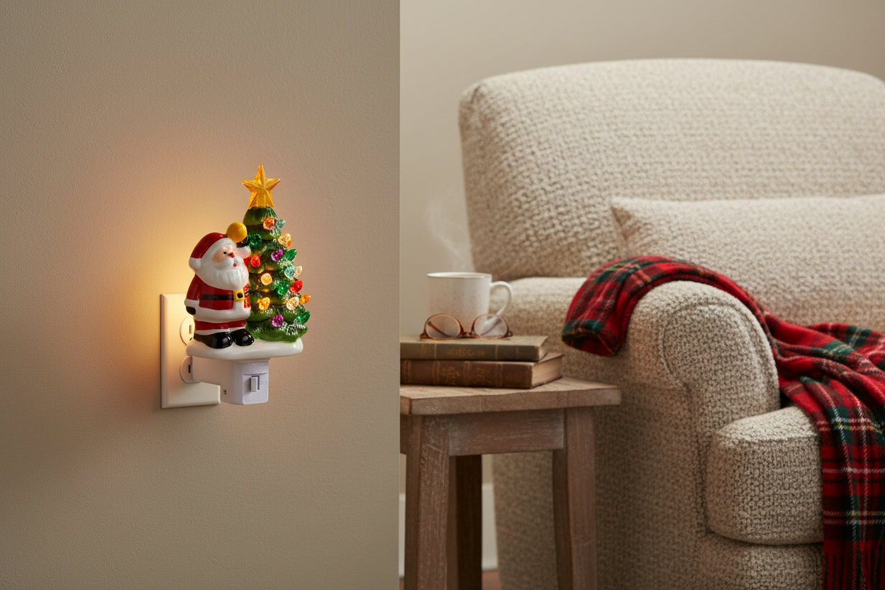 RAZ Imports 6.5-inch Santa Christmas tree night light illuminated with its built-in plug inserted directly into a wall outlet beside a cozy Christmas chair, no cord visible