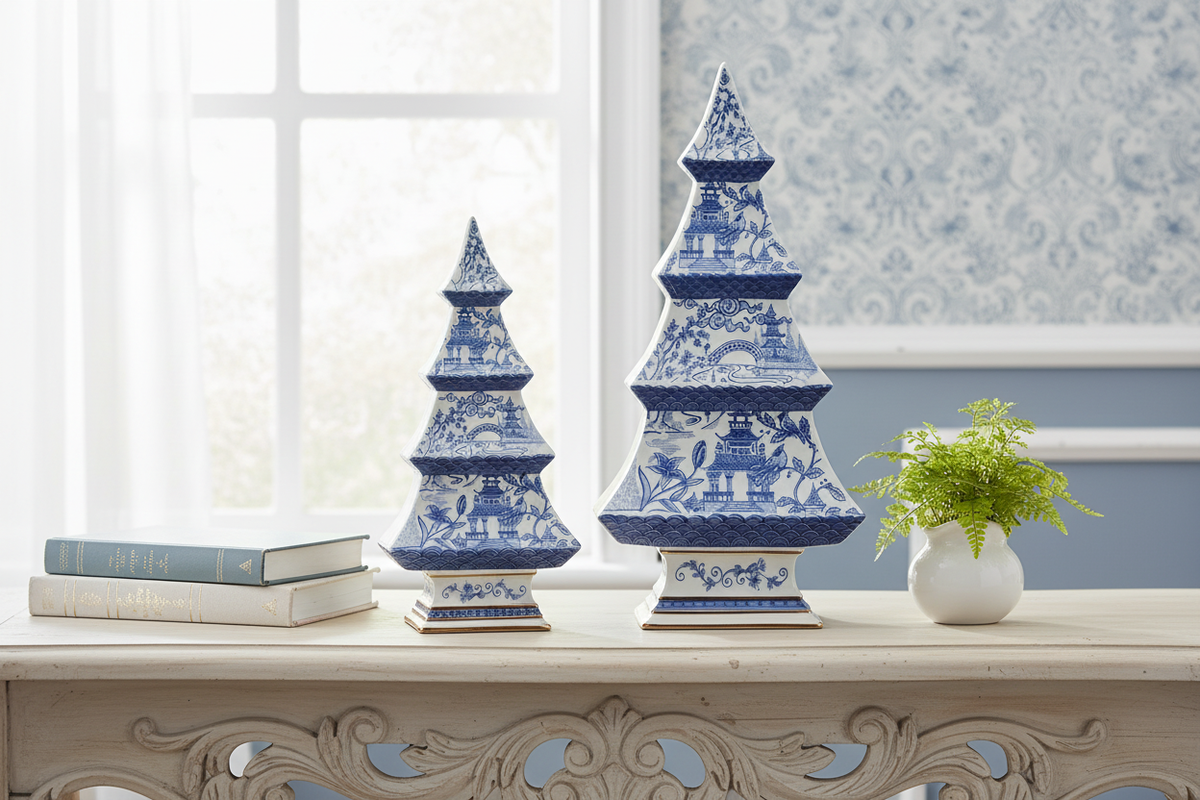 Blue dolomite chinoiserie trees, set of 2, styled on a console table with books and greenery