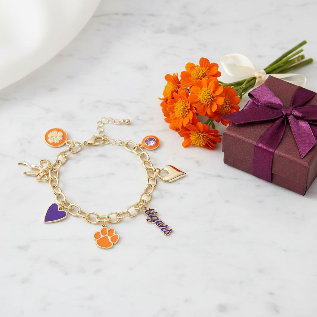 Clemson Tigers Enamel Icons Charm Bracelet in Shiny Gold