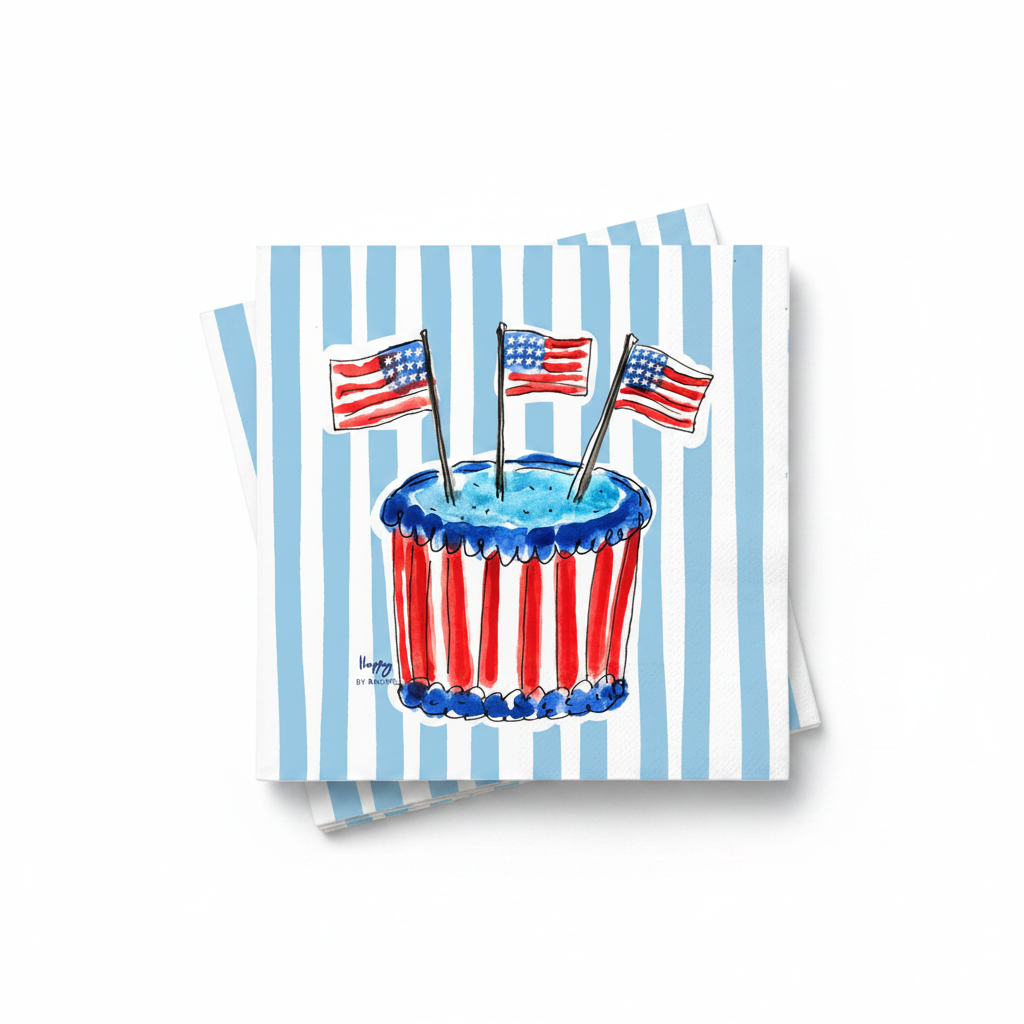 Notecard with a patriotic cupcake design featuring American flags on a blue and white striped background.