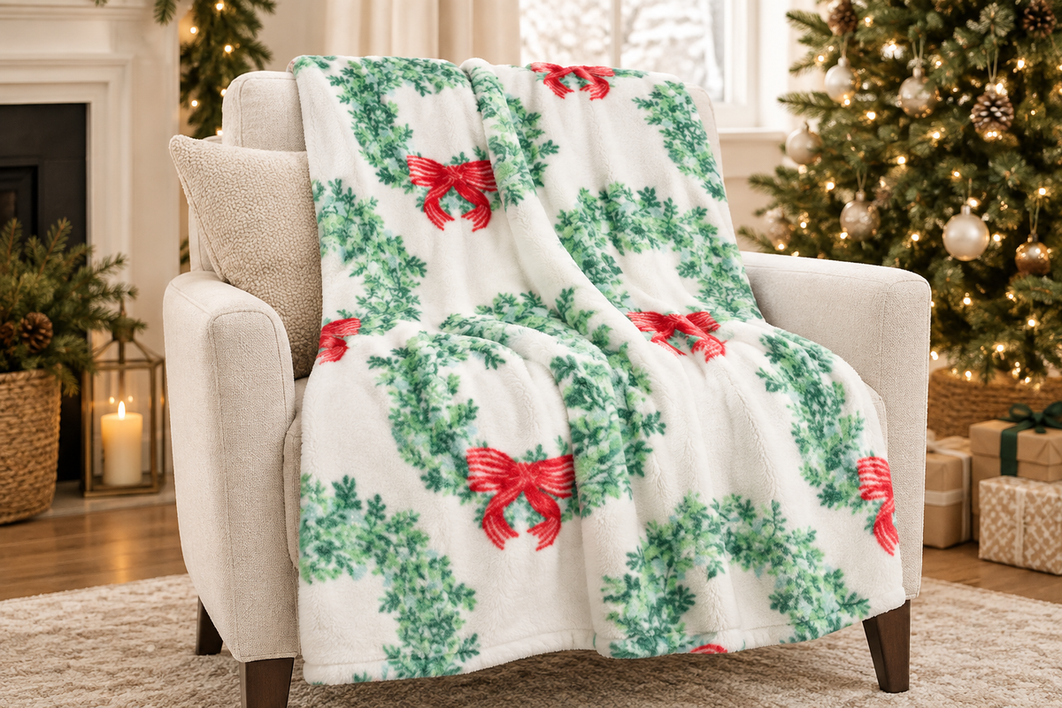 Fleece blanket with a green holiday wreath and red bow print draped over a light armchair in a Christmas living room