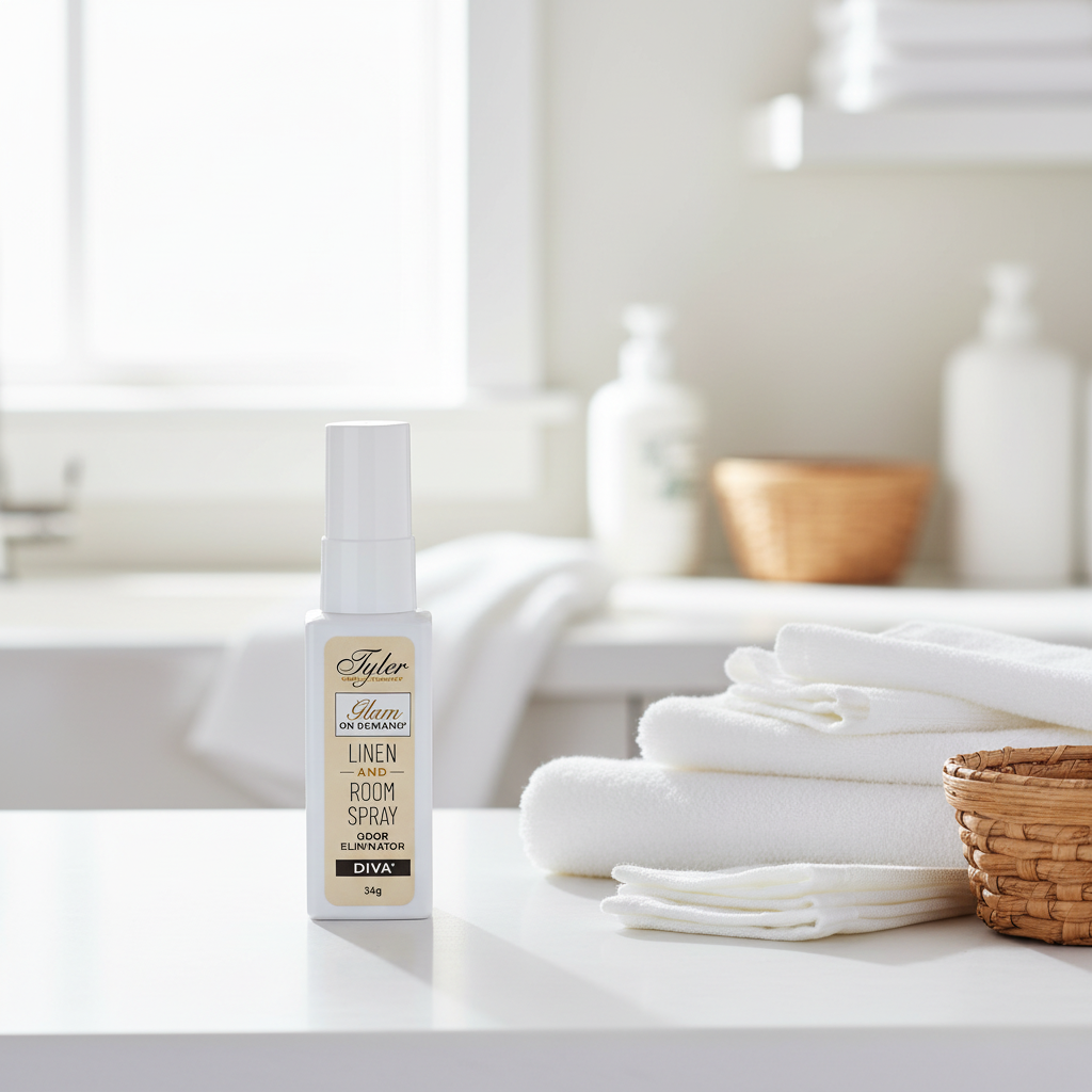 Tyler Candle Co. Diva Glam On Demand Linen and Room Spray 1.2 oz bottle styled in a bright laundry room beside folded white linens and a wicker basket