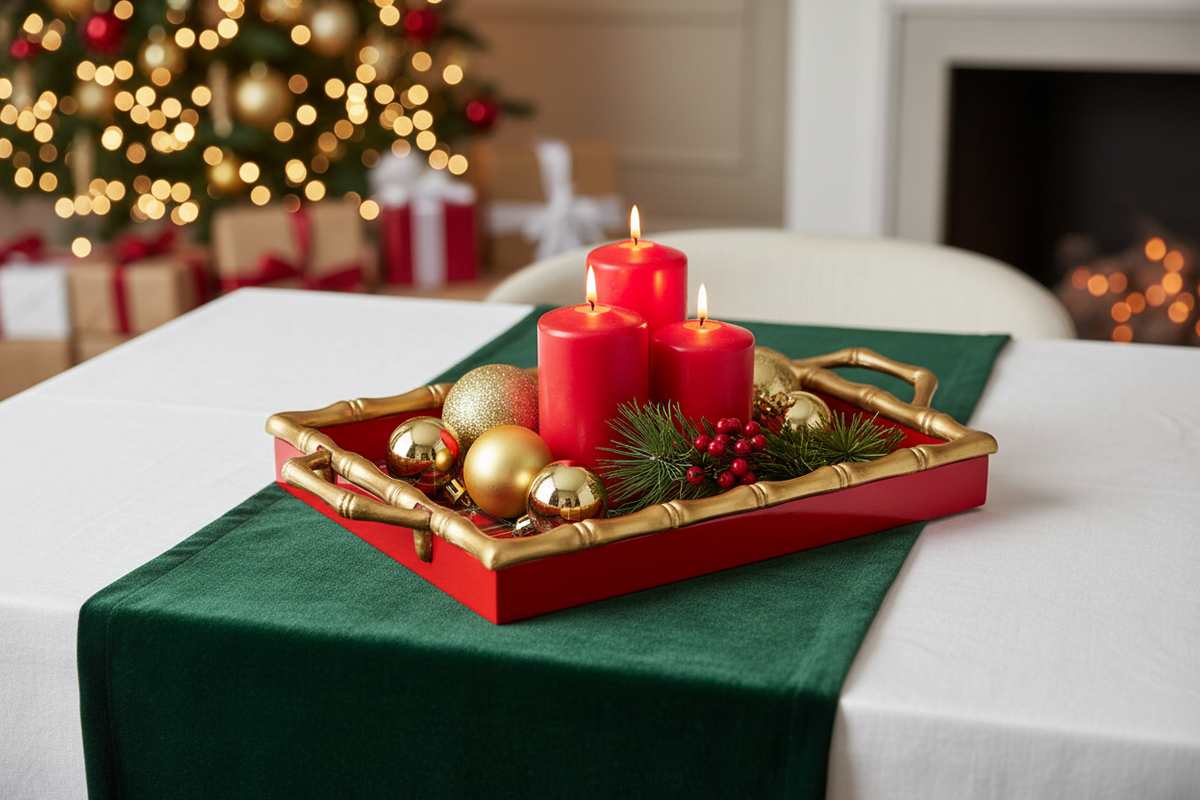 Red Plaid Gold Bamboo Decorative Tray - Festive Holiday Home Decor & Christmas Entertaining Gift