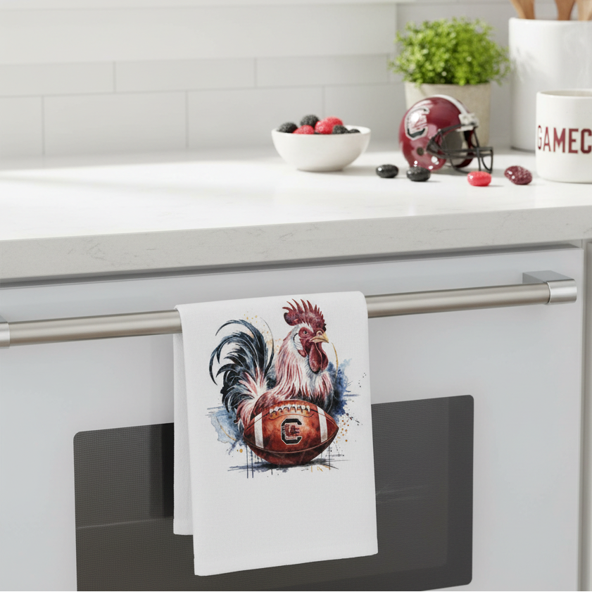 South Carolina Gamecocks gameday football tea towel styled in a bright kitchen with garnet and black gameday accents