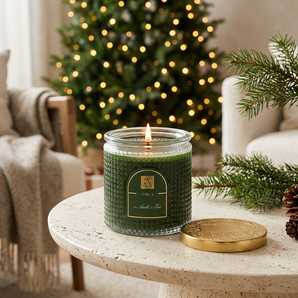 Smell of Tree candle styled on a coffee table in a holiday living room