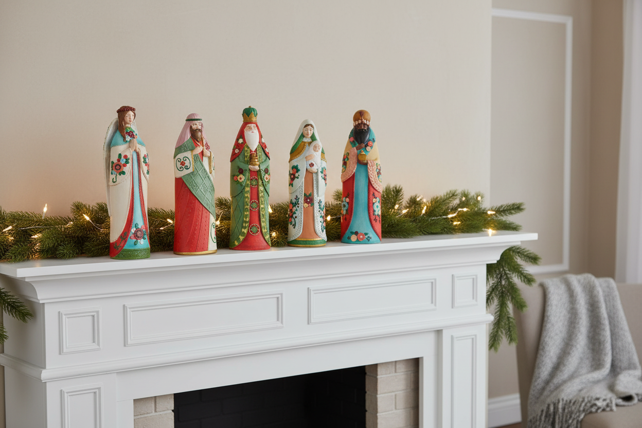 RAZ Imports 6-piece multicolor resin nativity set displayed on a traditional fireplace mantel with evergreen greenery