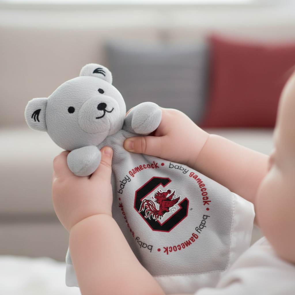 Gray teddy bear with 'baby gamecock' branding held by a child's hand in a living room setting.