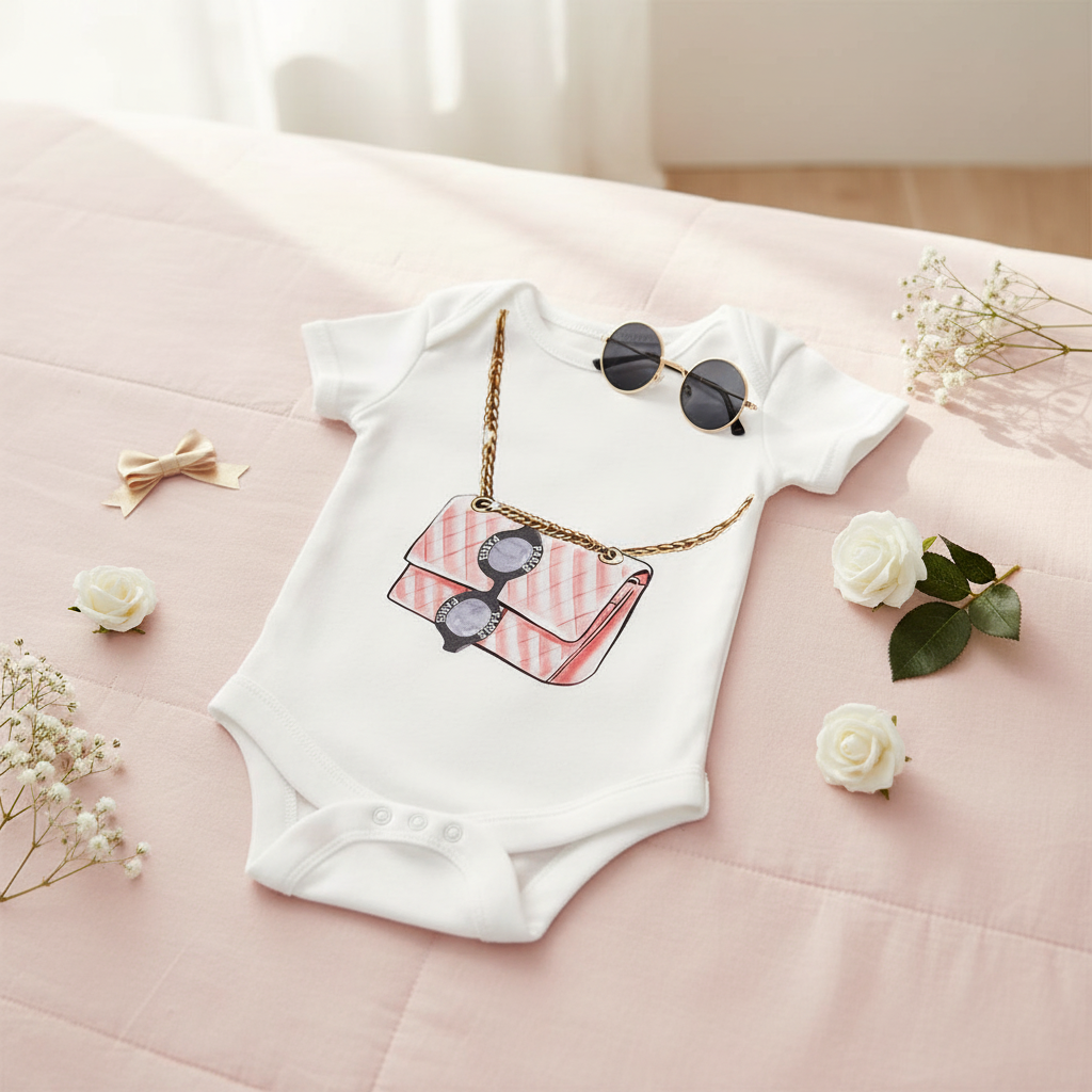 White baby toss baby onesie with a design of sunglasses on a pink surface with flowers and a bow.