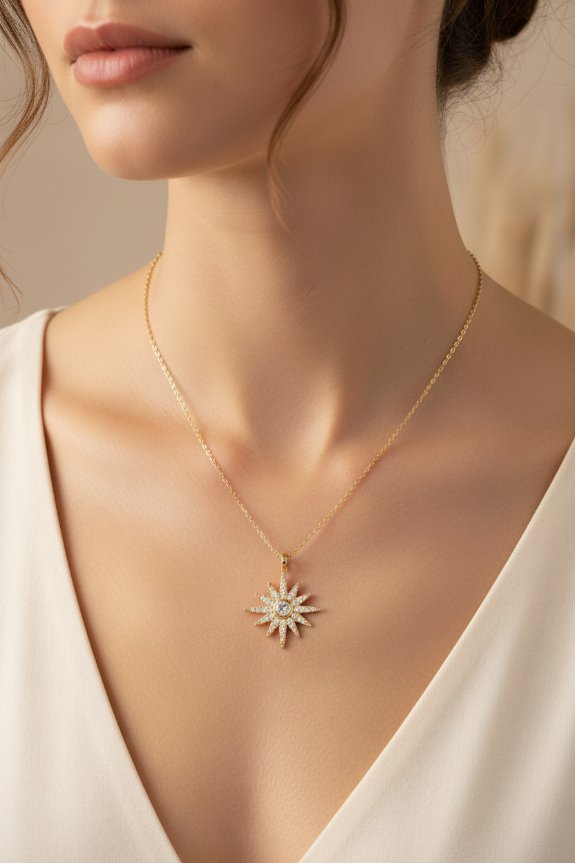 Necklace with a star-shaped pendant worn by a model against a neutral background