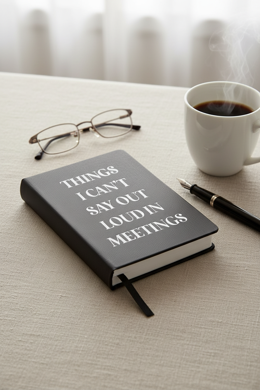Toss Designs Notebook with 'Things I can't say out loud in meetings' text, glasses, and coffee on a table.