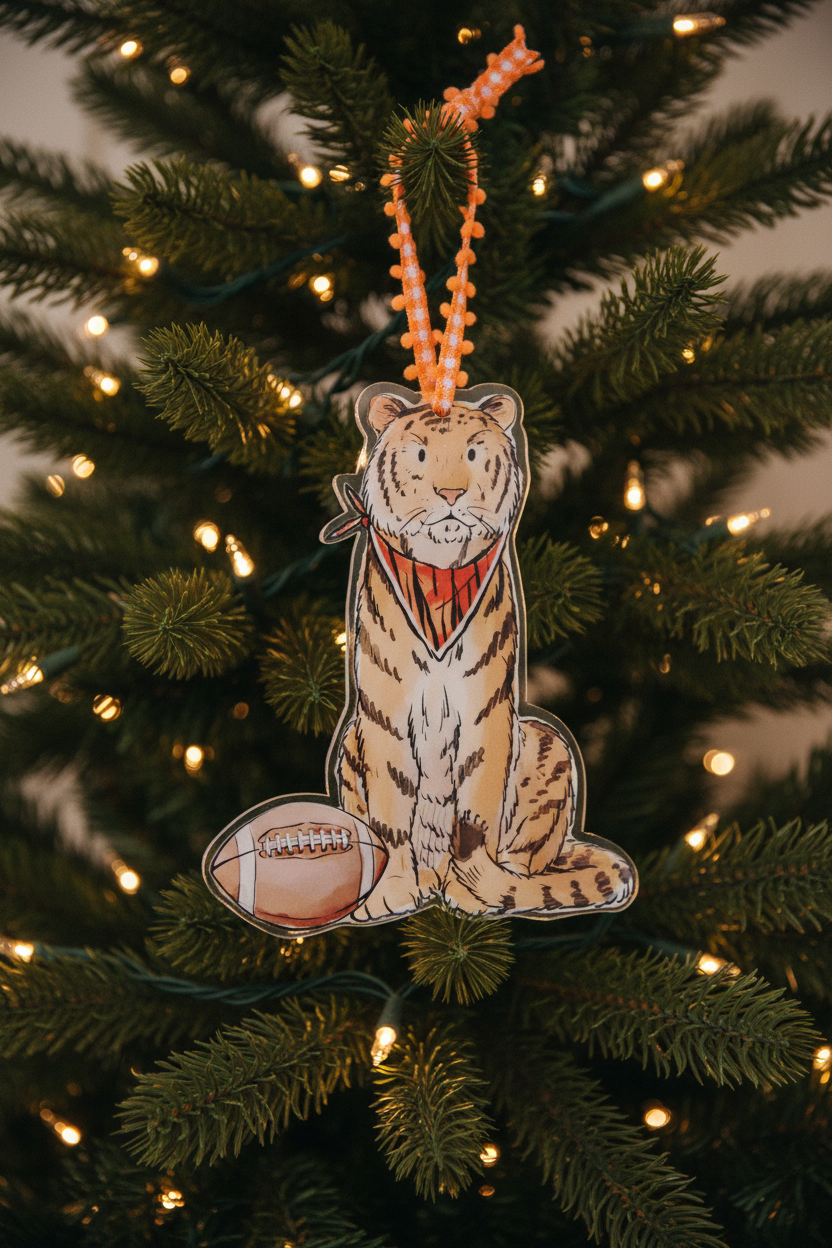 Stylized tiger acrylic ornament with a football and orange ribbon on a white background on a decorated tree with lights.