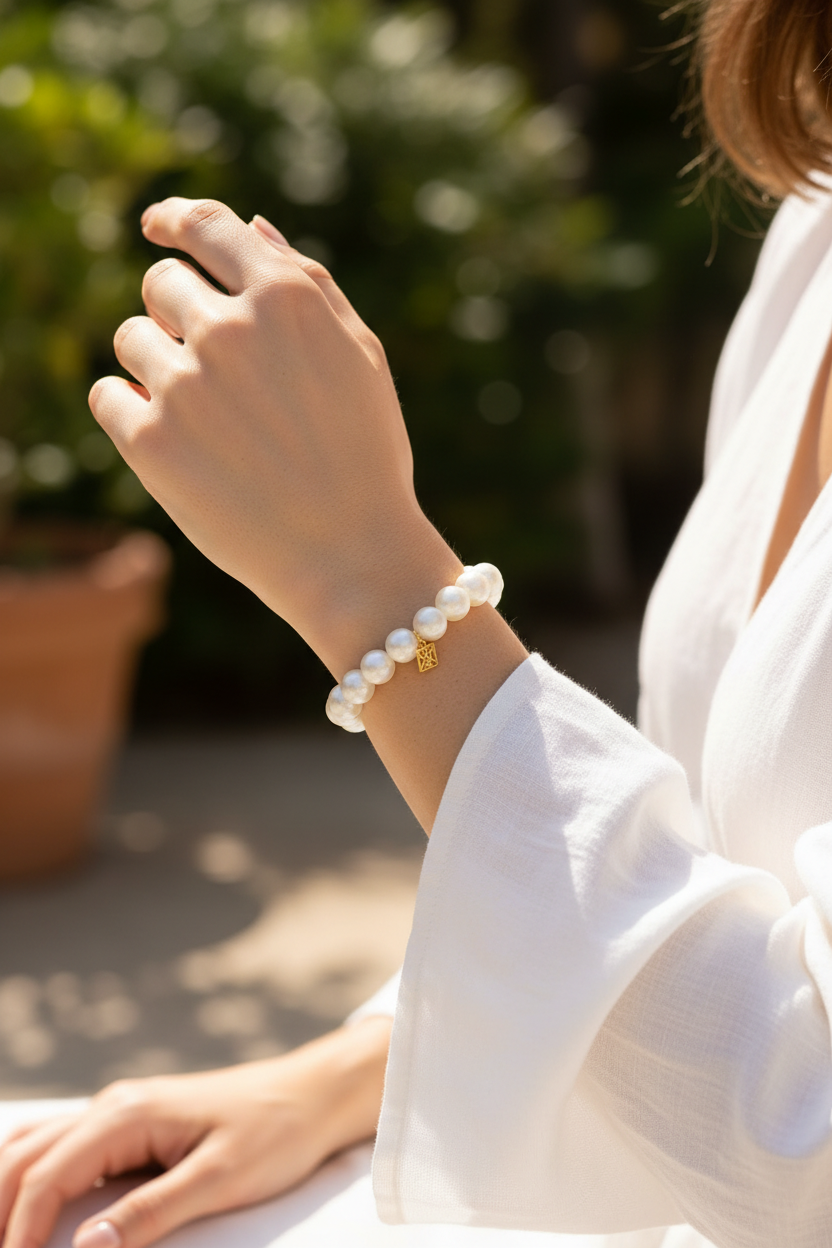 Person wearing a pearl bracelet with a blurred outdoor background