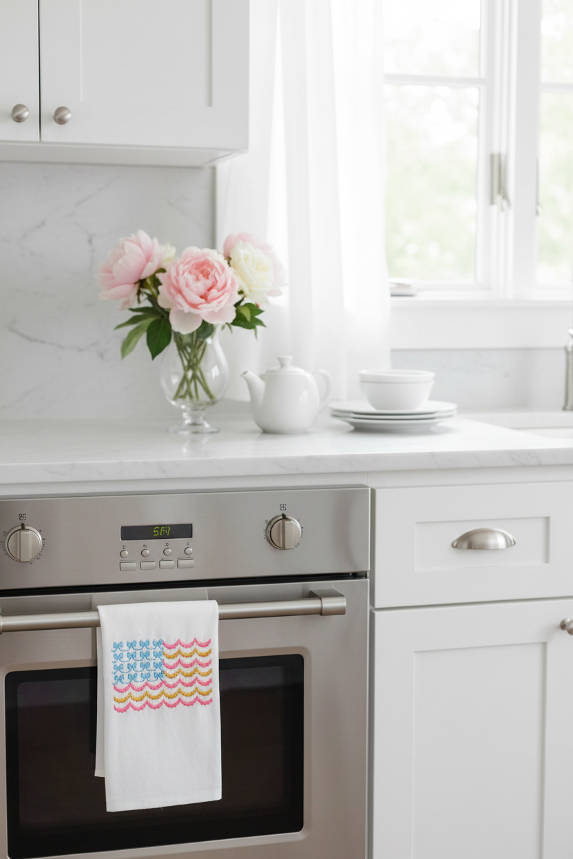 White tea towel with embroidered American flag design of blue bows and pink and gold scalloped banners, draped over an oven handle in a bright feminine kitchen